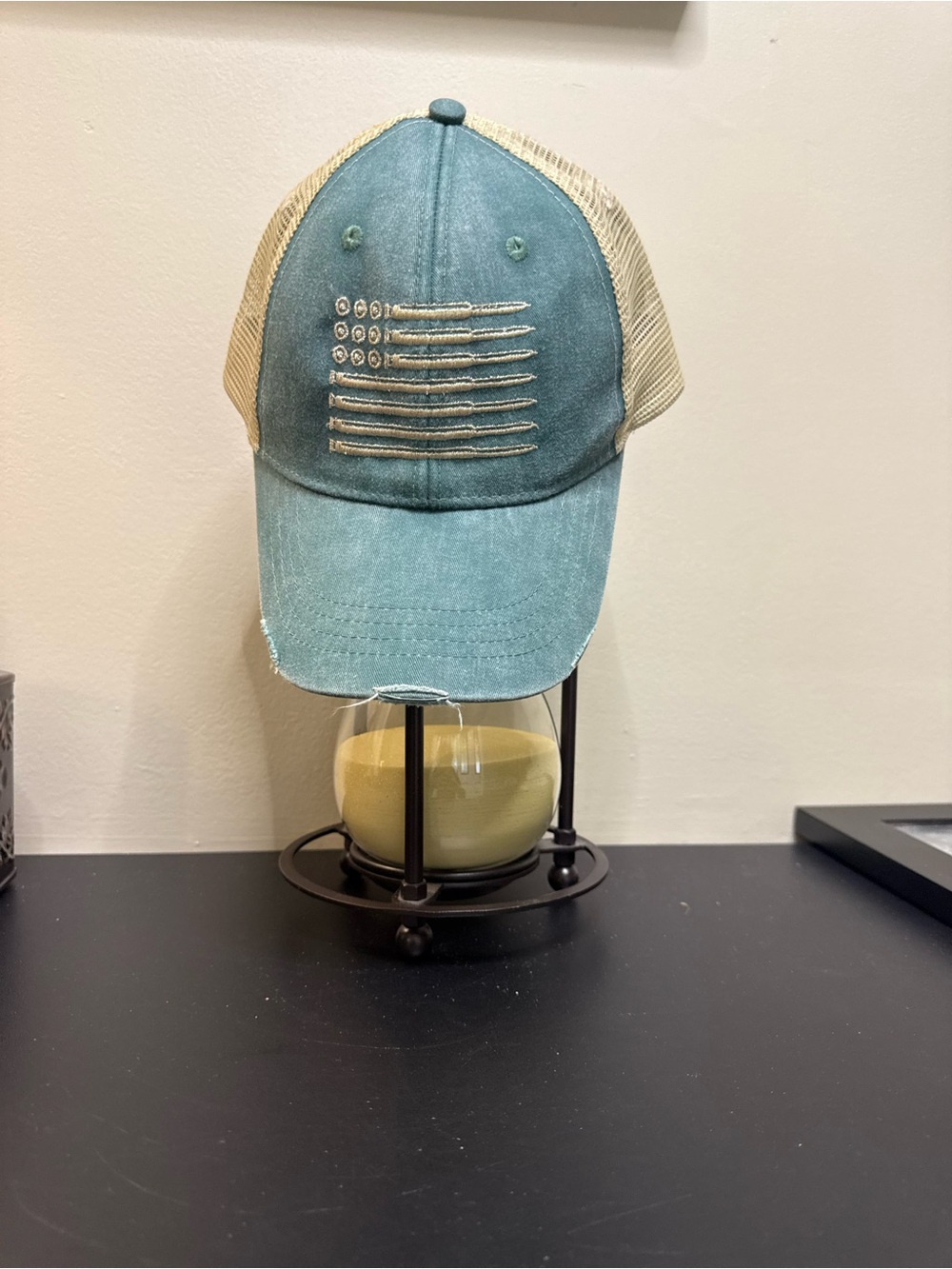 Adams Teal and Beige Mesh Trucker Hat with Embroidered Flag